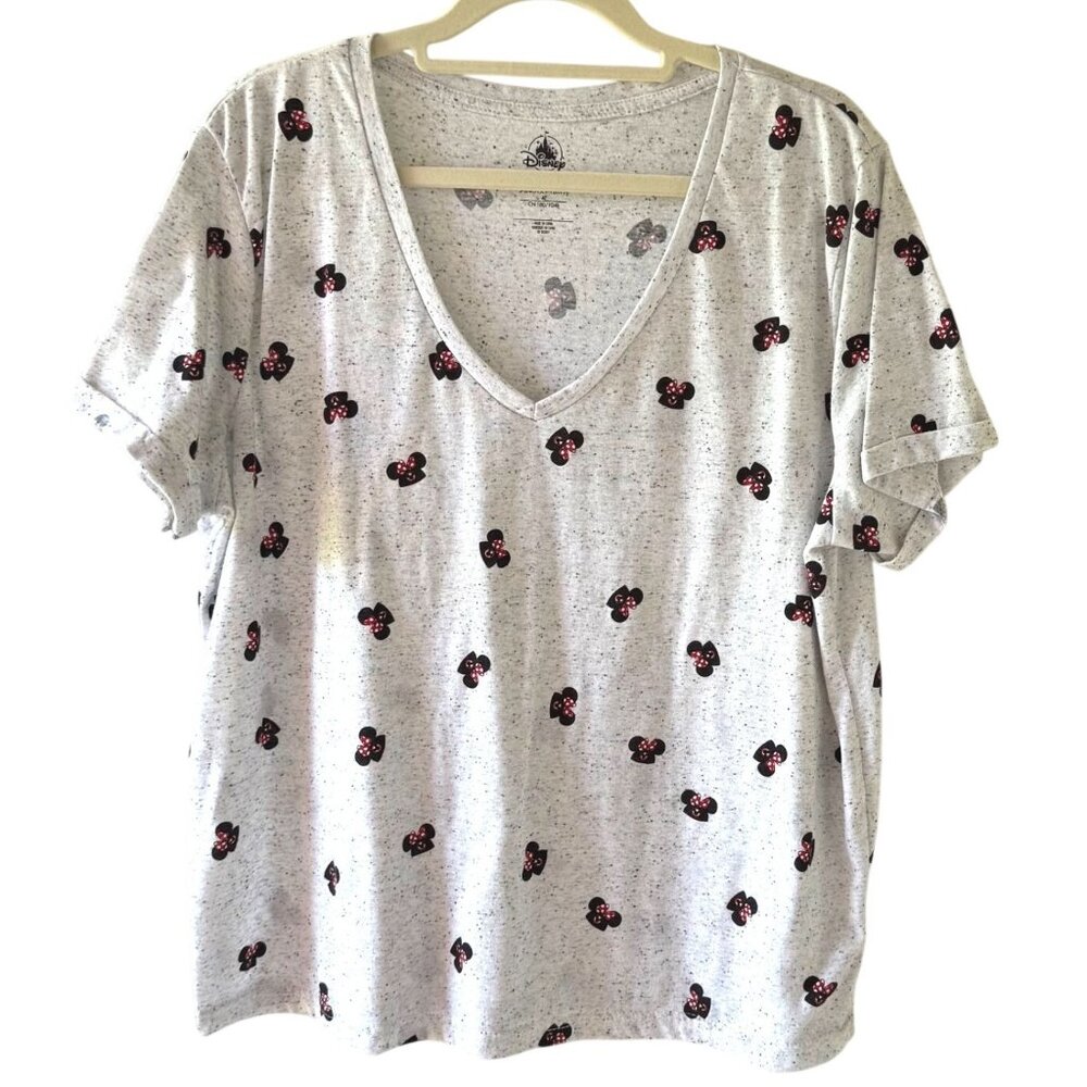 Disney Mickey Mouse Print V Neck T Shirt Size XL Light Gray Casual Top Tee